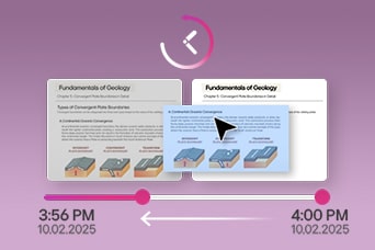 Esta imagen muestra una línea de tiempo de revisiones de un documento con dos versiones de un archivo titulado «Fundamentos de Geología». La versión de la izquierda refleja cambios a las 15:56, mientras que la de la derecha muestra actualizaciones a las 16:00 del 10.02.2025. En la parte superior, un icono de reloj indica la posibilidad de revertir ediciones, y un control deslizante inferior destaca el intervalo de tiempo entre ambas revisiones.