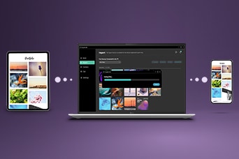 Esta imagen muestra cómo conectar el teléfono al portátil de forma inalámbrica, con fotos y archivos transfiriéndose entre dispositivos, ilustrando el envío de archivos entre múltiples dispositivos mediante LG gram Link.