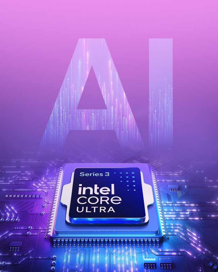 La imagen muestra un procesador Intel® Core™ Ultra sobre un fondo degradado de azul a púrpura, con un gran texto semitransparente de ‘AI’ detrás del chip.