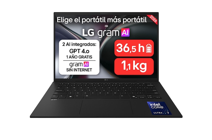 A front-facing view of the LG gram AI laptop with a 14-inch display. The image highlights key specifications shown on the screen, including Windows 11 Home Copilot+ PC, a WUXGA display, Intel Core Ultra processor, and memory and storage configuration of 32 GB RAM and 2TB SSD.