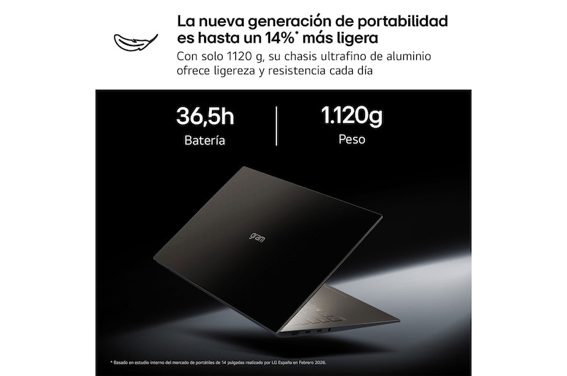 A floating LG gram AI laptop shown from multiple angles, highlighting its slim and lightweight design. The image presents key features including 1,120g weight, 15.7mm thin body, Windows 11 Home Copilot+ PC, Intel Core Ultra processor, on-device and cloud AI support, a 14-inch 16:10 WUXGA display, DCI-P3 99% color gamut.