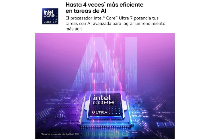 A visual illustration of an Intel Core Ultra processor placed on a circuit board, symbolizing AI performance. The image highlights up to 50 TOPS processing capability and Intel graphics with 4Xe cores, represented through a glowing AI-themed graphic background.