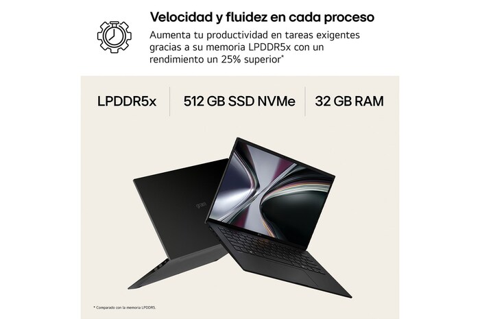 The image shows an open gram laptop displaying data dashboards on the screen, with “36.5hrs” and “72Wh” shown beneath the product to highlight long battery life.