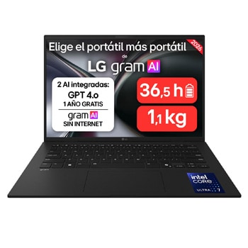 Vista frontal de Portátil 14" LG gram 14ZD90, FreeOS, Intel® Core™ Ultra 7,  32 GB RAM , 512 GB SSD, Intel® graphics (4Xe) , Pantalla IPS (1920*1200),ligero, 1,120 g , 36.5 horas, AI,Negro 14ZD90U-G.AX85BN