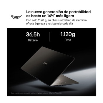 A floating LG gram AI laptop shown from multiple angles, highlighting its slim and lightweight design. The image presents key features including 1,120g weight, 15.7mm thin body, Windows 11 Home Copilot+ PC, Intel Core Ultra processor, on-device and cloud AI support, a 14-inch 16:10 WUXGA display, DCI-P3 99% color gamut.