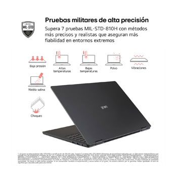 This image displays a MIL-STD-810H military durability certification badge indicating that the lightweight 14 inch rugged notebook computer has passed seven durability tests. Below the badge, a series of icons visually represents different test conditions, including shock, vibration, temperature variation, dust exposure, and other environmental stress scenarios.