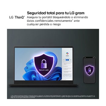 This image shows an LG gram laptop displaying folders alongside a connected phone with a delete icon, illustrating remote erase, lock, and protection features that allow securing laptop data from a mobile device.