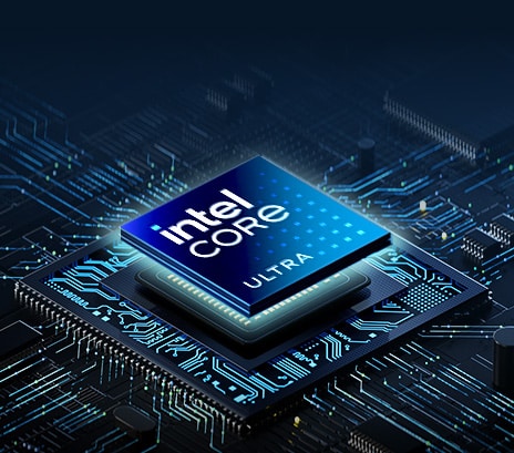 Un primer plano de un procesador Intel Core Ultra incrustado en una placa de circuito de alta tecnología. El chip está rodeado de un intrincado diseño de circuitos con luces brillantes en tonos naranja y azul, creando una estética futurista y de alto rendimiento.