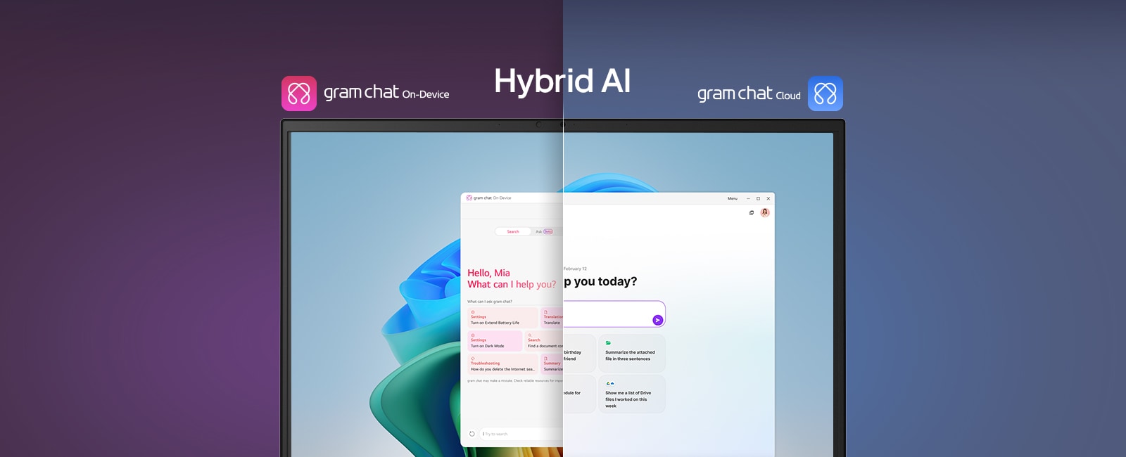 Una imagen de pantalla dividida que muestra «gram AI» con dos modos distintos: «gram chat On-Device» a la izquierda, representado por un icono rosa, y «gram chat Cloud» a la derecha, representado por un icono azul. La pantalla muestra una interfaz de AI que simboliza una funcionalidad de AI sin fisuras en ambos modos.
