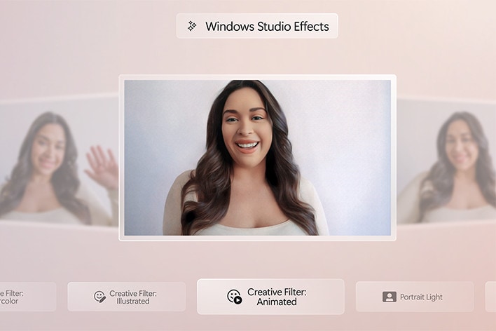 Esta imagen muestra la función "Windows Studio Effects" aplicada a una videollamada. La pantalla principal exhibe a una persona con una apariencia mejorada mediante la opción "Filtro creativo: Animado", resaltada en la parte inferior. También se pueden ver opciones de filtros adicionales, como "Filtro creativo: Ilustrado" y "Luz de retrato", lo que sugiere opciones de personalización para efectos de video.