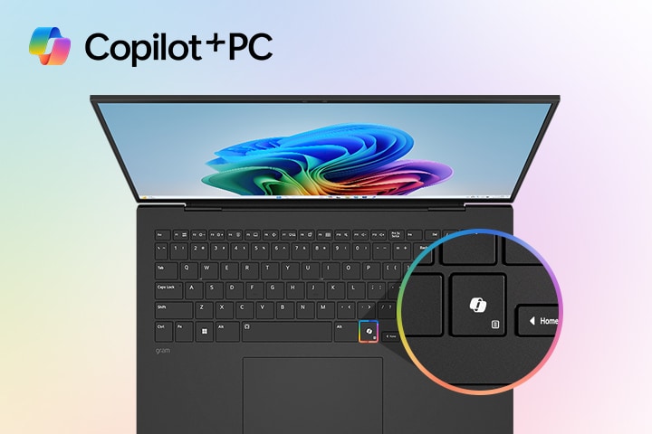 Un portátil con el fondo de pantalla de Windows 11 Bloom en su pantalla, con un primer plano que destaca una tecla Copilot en el teclado. El logotipo «Copilot+PC» aparece en un lugar destacado en la esquina superior izquierda, destacando la funcionalidad integrada de AI.