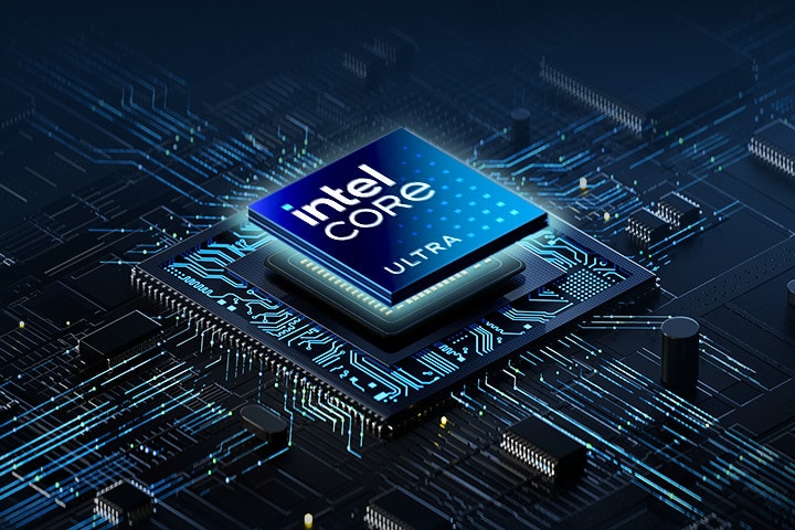 Un primer plano de un procesador Intel Core Ultra incrustado en una placa de circuito de alta tecnología. El chip está rodeado de un intrincado diseño de circuitos con luces brillantes en tonos azules, creando una estética futurista y de alto rendimiento.