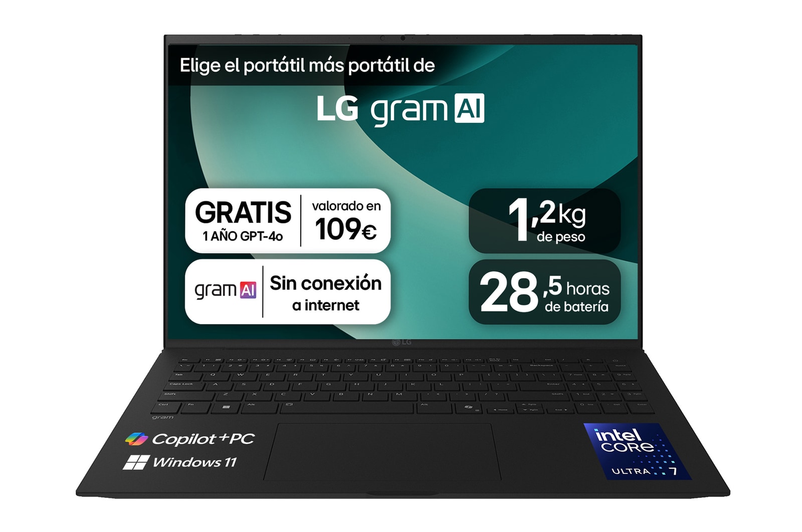 Vista frontal de Portátil 16" LG gram 16Z90TL, Copilot+ PC, Windows 11 Home, Intel® Core™ Ultra 7, 32 GB RAM, 1 TB NVMe, Panel IPS WQXGA (2560x1600), Ligero 1,2kg, 28,5 h, Negro 16Z90TL-G.AU88BN