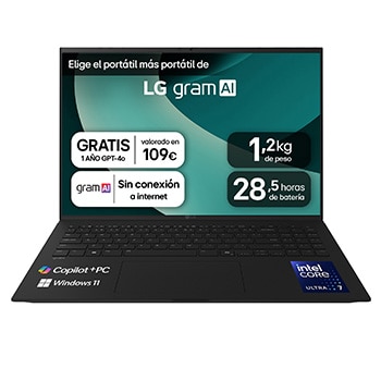 Vista frontal de Portátil 16" LG gram 16Z90TL, Copilot+ PC, Windows 11 Home, Intel® Core™ Ultra 7, 32 GB RAM, 1 TB NVMe, Panel IPS WQXGA (2560x1600), Ligero 1,2kg, 28,5 h, Negro 16Z90TL-G.AU88BN
