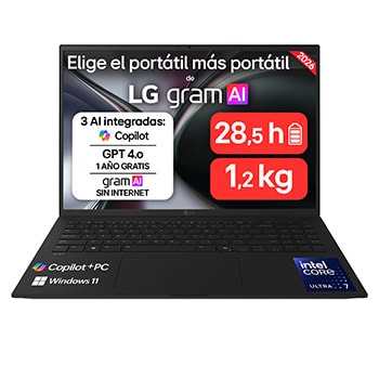 Vista frontal de Portátil 16" LG gram 16Z90TL, Copilot+ PC, Windows 11 Pro, Intel® Core™ Ultra 7, 32 GB RAM, 512 GB SSD, Panel IPS WQXGA (2560x1600), Ligero 1,2kg, 28,5 h, Negro 16Z90TL-V.AZ85BN