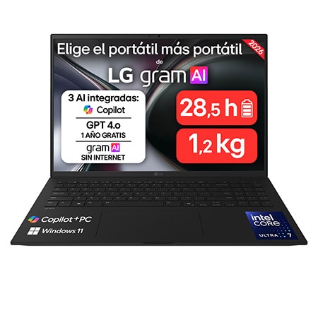 Portátil 16" LG gram 16Z90TL, Copilot+ PC, Windows 11 Pro, Intel® Core™ Ultra 7, 32 GB RAM, 512 GB SSD, Panel IPS WQXGA (2560x1600), Ligero 1,2kg, 28,5 h, Negro - 16Z90TL-V.AZ85BN | LG ES