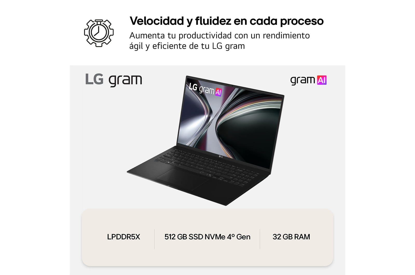 Portátil 16" LG gram 16ZD90TL, Intel® Core™ Ultra 7, 32 GB RAM, 512 GB SSD, Panel IPS WQXGA (2560x1600), Ligero 1,2kg, 28,5 h, Negro