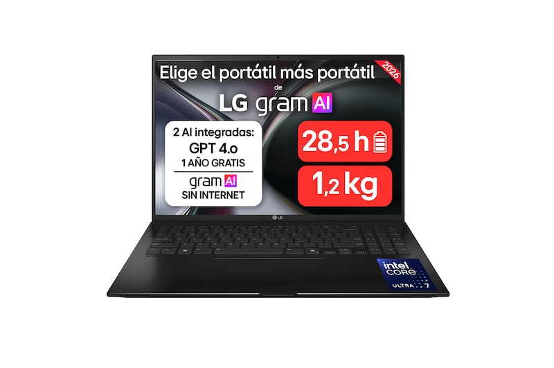 Vista frontal de Portátil 16" LG gram 16ZD90TL, Intel® Core™ Ultra 7, 32 GB RAM, 512 GB SSD, Panel IPS WQXGA (2560x1600), Ligero 1,2kg, 28,5 h, Negro 16ZD90TL-G.AX85BN