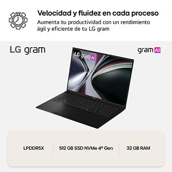 Portátil 16" LG gram 16ZD90TL, Intel® Core™ Ultra 7, 32 GB RAM, 512 GB SSD, Panel IPS WQXGA (2560x1600), Ligero 1,2kg, 28,5 h, Negro