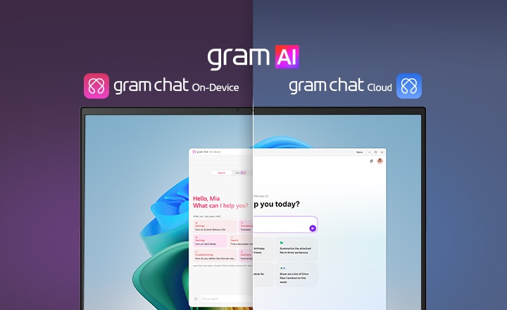 Una imagen de pantalla dividida que muestra «gram AI» con dos modos distintos: «gram chat On-Device» a la izquierda, representado por un icono rosa, y «gram chat Cloud» a la derecha, representado por un icono azul. La pantalla muestra una interfaz de AI que simboliza una funcionalidad de AI sin fisuras en ambos modos.