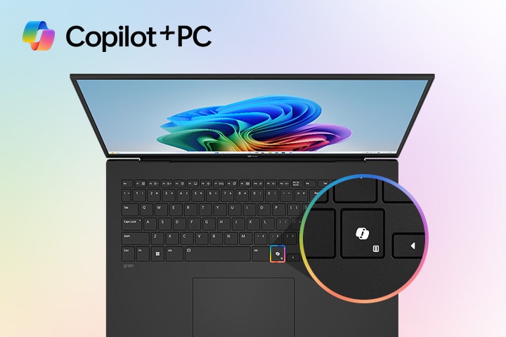 Un portátil con el fondo de pantalla de Windows 11 Bloom en su pantalla, con un primer plano que destaca una tecla Copilot en el teclado. El logotipo «Copilot+PC» aparece en un lugar destacado en la esquina superior izquierda, destacando la funcionalidad integrada de AI.