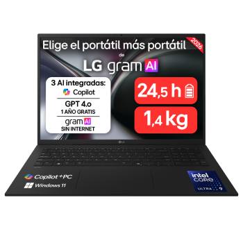 Vista frontal de Portátil 17" LG gram 17Z90TL, Copilot+ PC, Windows 11 Home, Intel® Core™ Ultra 9, 32 GB RAM, 1 TB SSD, Panel IPS WQXGA (2560x1600), Ligero 1,4 kg, 24.5 h, Negro 17Z90TL-G.AU99BN