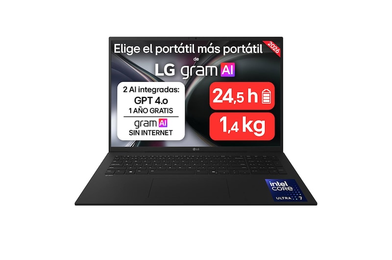 Vista frontal de Portátil 17" LG gram 17ZD90, FreeOS, Intel® Core™ Ultra 7, 32GB RAM, 512GB SSD, Pantalla IPS (2560*1600), ligero, 1.389 g , 24.5 h, AI, Negro carbón 17ZD90TL-G.AX85BN