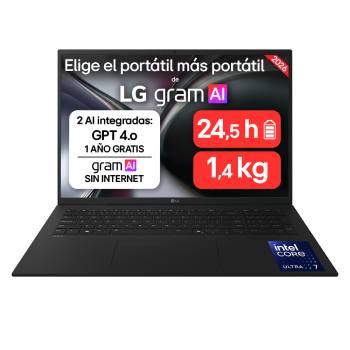 Vista frontal de Portátil 17" LG gram 17ZD90, FreeOS, Intel® Core™ Ultra 7, 32GB RAM, 512GB SSD, Pantalla IPS (2560*1600), ligero, 1.389 g , 24.5 h, AI, Negro carbón 17ZD90TL-G.AX85BN