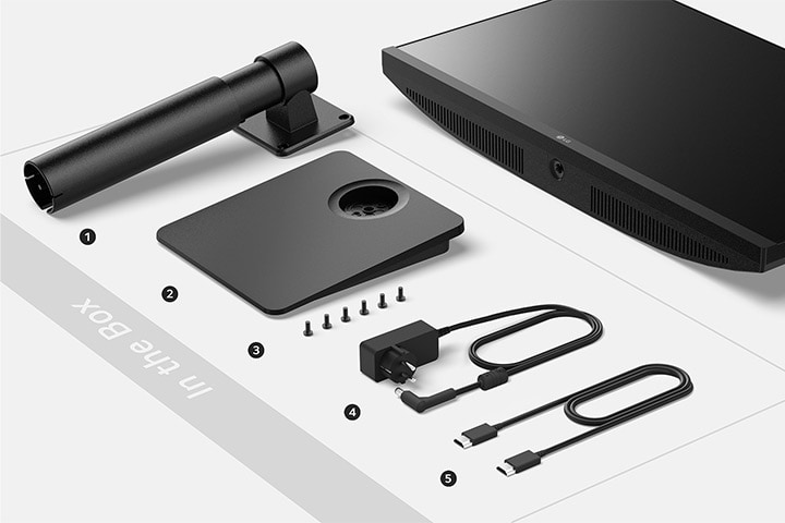 La caja incluye el cuerpo de la peana, base de la peana, tornillos, adaptador y cable de alimentación y cable HDMI