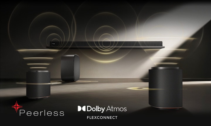 LG Sound Suite surround sound system on a dark stage, composed of a wireless soundbars, speaker and subwoofer connected by Dolby Atmos FlexConnect technology for audio quality.