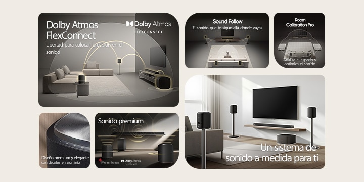 1) LG Sound Suite with Dolby Atmos FlexConnect technology detects each speaker’s location for optimized surround sound. 2) Top-down view of a surround sound system with Sound Follow technology for optimal sound wherever you go. 3)  LG Sound Suite Room Calibration analyzes the space and speaker positions to deliver the best surround sound system 4) Close up of LG Sound Suite speaker with metallic silver and black premium design. 5) LG Sound Suite with Dolby Atmos 3D spatial audio and Peerless units for premium sound. 6) A modern living room with wall mounted TV and LG Sound Suite surround sound system with AI-driven spatial audio adaptation.
