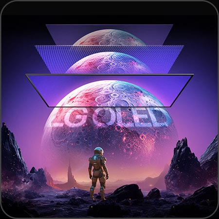 Pantalla OLED con tasa de refresco de 480Hz, mostrando un paisaje cósmico con planetas y un astronauta.