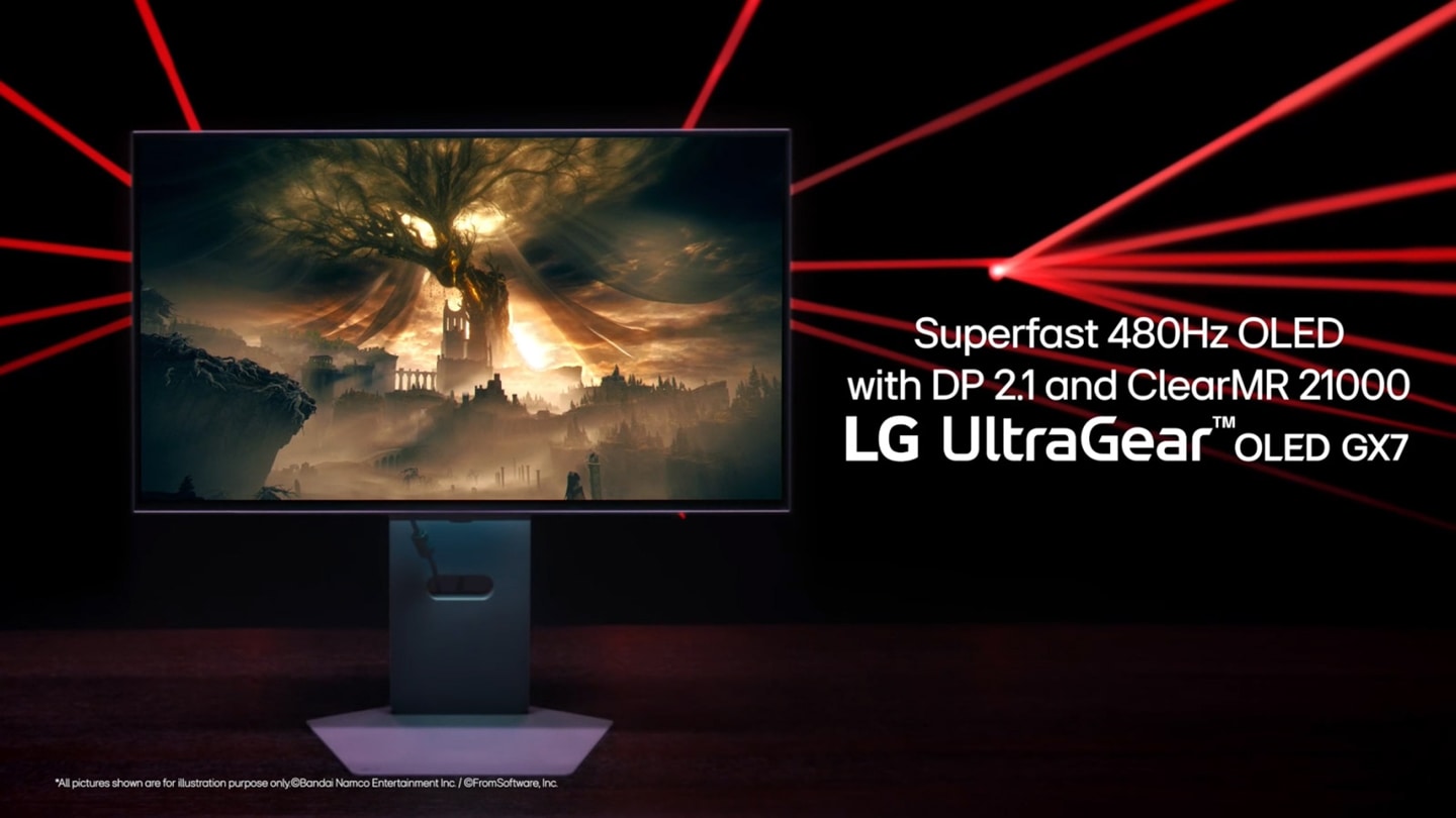 Video que muestra el LG UltraGear 27GX790A con diseño sin bordes en los 4 lados, base en forma de L sin desorden, pantalla OLED de 480 Hz, tiempo de respuesta de 0,03 ms (GtG), DP 2.1 y certificación ClearMR 21000.