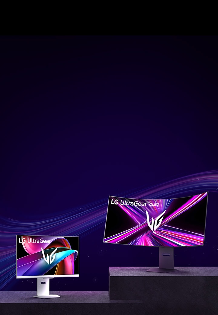 Promoción de LG UltraGear del primer monitor gaming OLED 5K2K del mundo, con 10 % de descuento del 28 de abril al 14 de mayo. Modelos mostrados: 32G810SA y el curvo 45GX950.