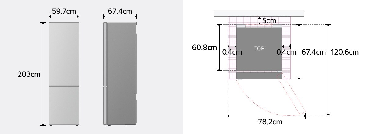 Etu- ja sivunäkymä LG-jääkaappipakastimen
(GBBS726CPY) mitoista: 203 cm korkeus, 59,7 cm leveys, 67,4 cm
syvyys