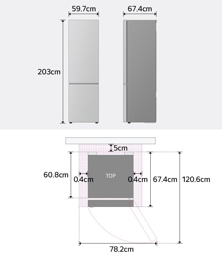 Etu- ja sivunäkymä LG-jääkaappipakastimen
(GBBS726CPY) mitoista: 203 cm korkeus, 59,7 cm leveys, 67,4 cm
syvyys