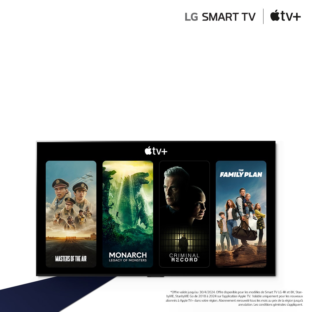 Une image d’une TV OLED LG. Les contenus Apple TV+ apparaissent à l’écran et le titre est « Obtenez 3 mois d’Apple TV+ gratuitement avec les LG Smart TV. »