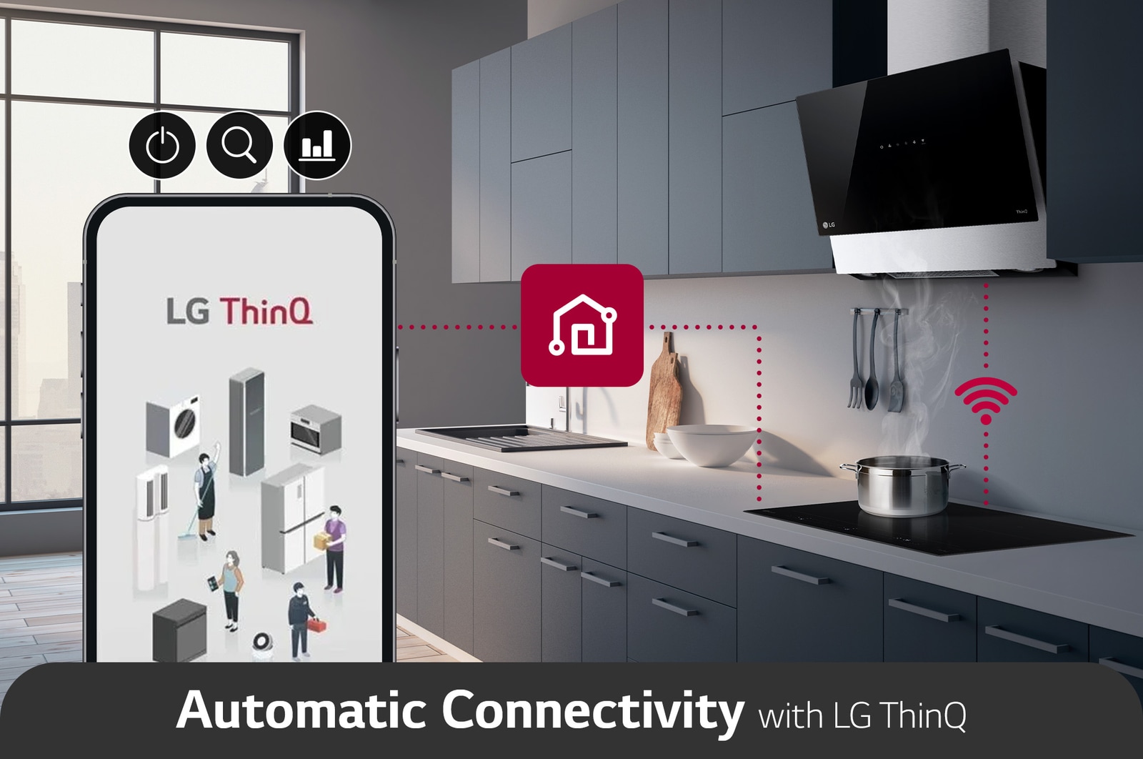 ThinQ_An image of an induction hob and a smartphone connected through ThinQ.