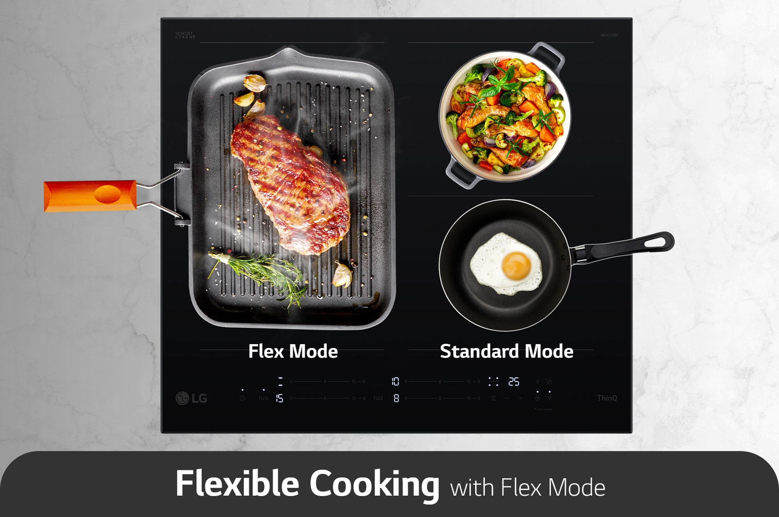 Flex Mode_On the left side of the product, a wide pan is placed in flex mode, and on the right side, 2 pots are cooked in 2 burners in standard mode.