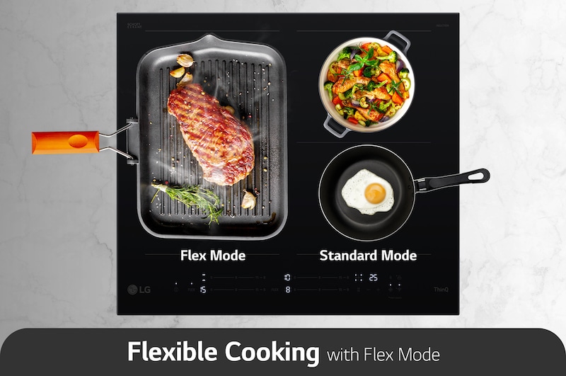 Flex Mode_On the left side of the product, a wide pan is placed in flex mode, and on the right side, 2 pots are cooked in 2 burners in standard mode.