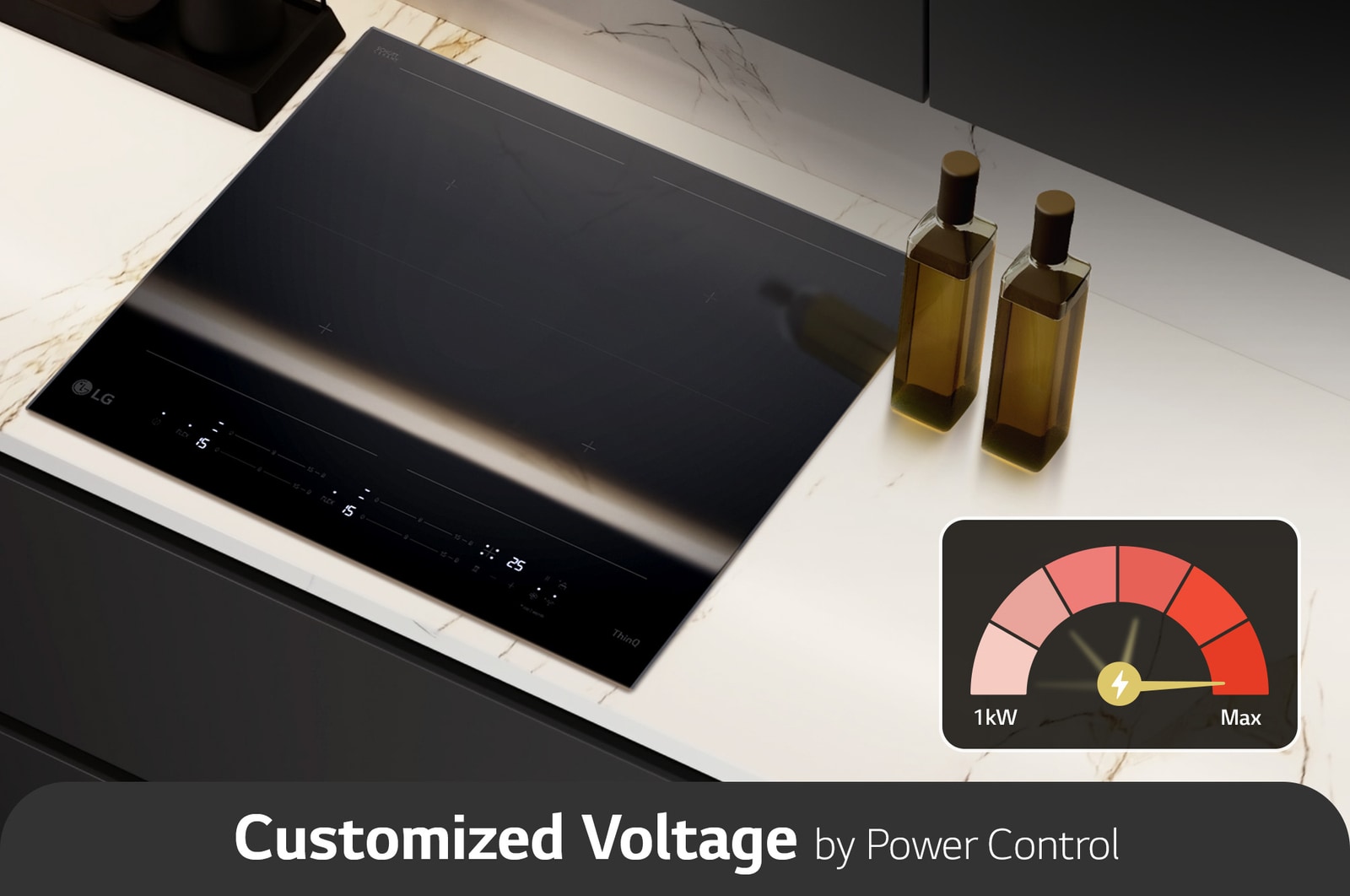 Power Control_An image of the kitchen where the product is installed. An electrical gauge graphic is placed at the bottom right.