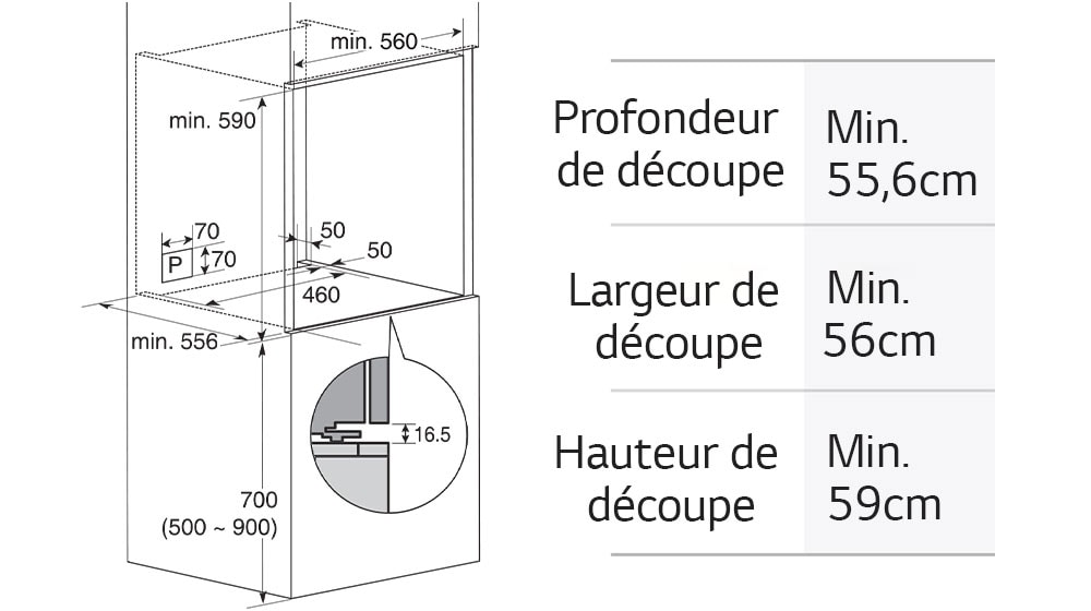 L'image montre les dimensions du four.