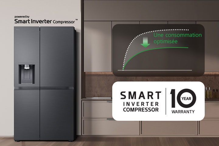 El frigorífico está instalado en la pared de la cocina y hay un gráfico que muestra la reducción del consumo de energía utilizando el compresor inversor inteligente.