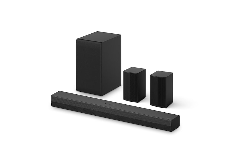 Vue inclinée de la LG Soundbar S40TR et du caisson de basse et des enceintes arrière