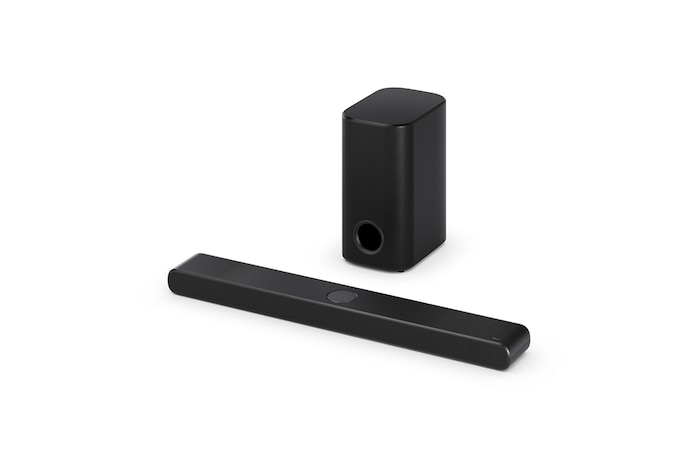 Vue inclinée de la LG Soundbar S77TY et du caisson de basse