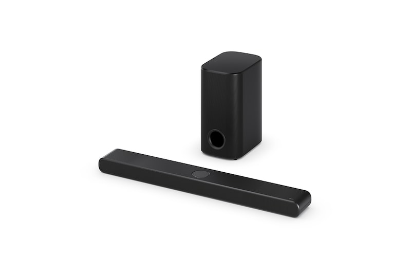 Vue inclinée de la LG Soundbar S77TY et du caisson de basse
