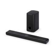 Vue inclinée de la LG Soundbar S77TY et du caisson de basse