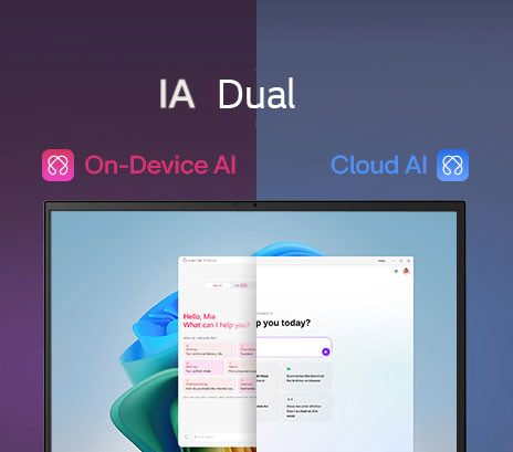 Une image à écran divisé présentant « Hybrid AI » avec deux modes distincts : « gram chat On-Device » à gauche, représenté par une icône rose, et « gram chat Cloud » à droite, représenté par une icône bleue. L’écran affiche une interface IA qui symbolise une fonctionnalité IA fluide dans les deux modes.