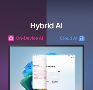 Une image à écran divisé présentant « Hybrid AI » avec deux modes distincts : « gram chat On-Device » à gauche, représenté par une icône rose, et « gram chat Cloud » à droite, représenté par une 
