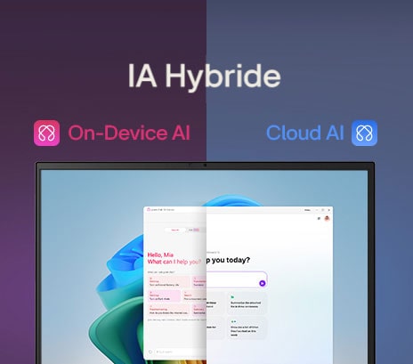 Une image à écran divisé présentant « gram AI » avec deux modes distincts : « gram chat On-Device » à gauche, représenté par une icône rose, et « gram chat Cloud » à droite, représenté par une icône bleue. L’écran affiche une interface IA qui symbolise une fonctionnalité IA fluide dans les deux modes.